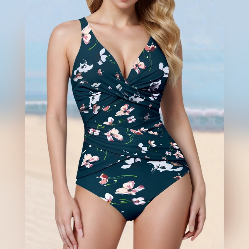 SMISMIVO Green Floral Full-Coverage V-Neck Swimsuit w Crisscross Detail - Sz XXL